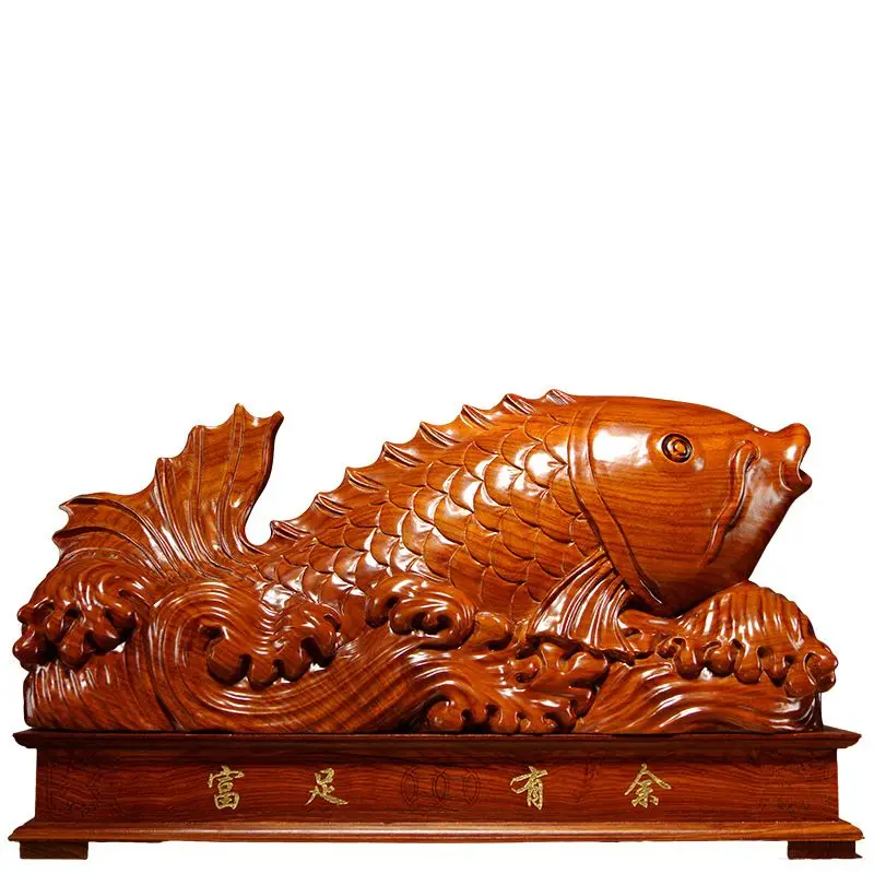 

Pear wood carving golden arowana ornament home decoration mahogany crafts