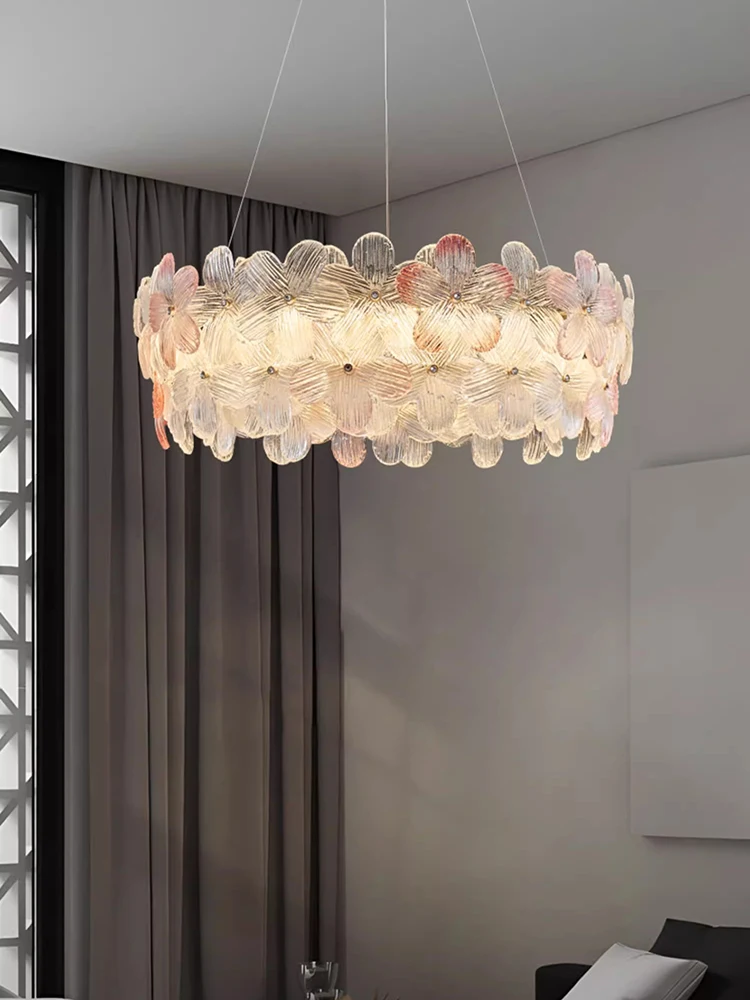 

Modern Luxury Five-leaf Flower Led Pendant Light Pink Glass Lustre Living Room Chandelier Lighting Bedroom Hanging Lamp Fixtures