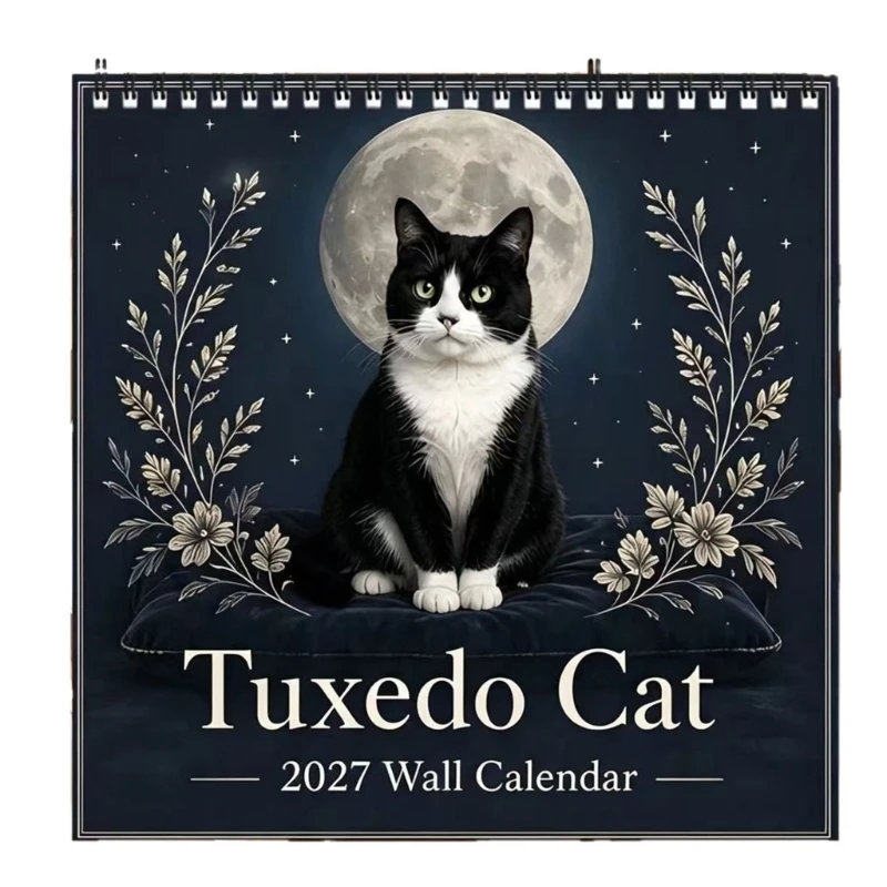 2027 Monthly Wall Calendar with Tuxedo Feline Artwork, Writable Paper Sheets and Coil Binding for Schedules, Tasks, F19E