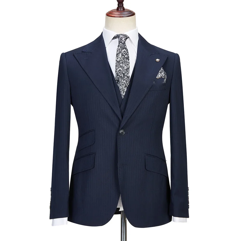 High Quality Notch Lapel Single Breasted Men Suits Navy Blue Pinstripe Slim Elegant Chic Formal Business Suit 3 Piece