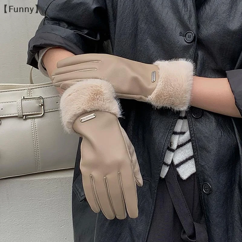 

tipoFunnyezionePU кожаные перчатки зимние теплые перчатки из флиса ягненка с сенсорным экраном для женщин уличные ветрозащитные перчатки для верховой езды и холодостойкие