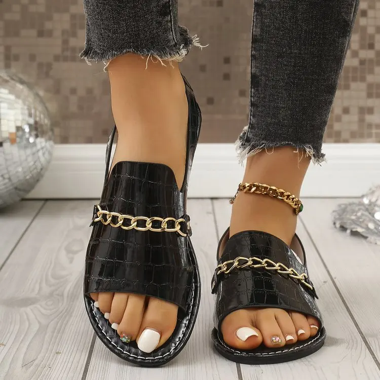Damen Glitzer-Gold-Pantoletten Sommer Metallic Strukturierte Sandalen mit Ketten-Dekor Große Größen Offene Zehen Flache Slides Damen-Hausschuhe – Detail 14
