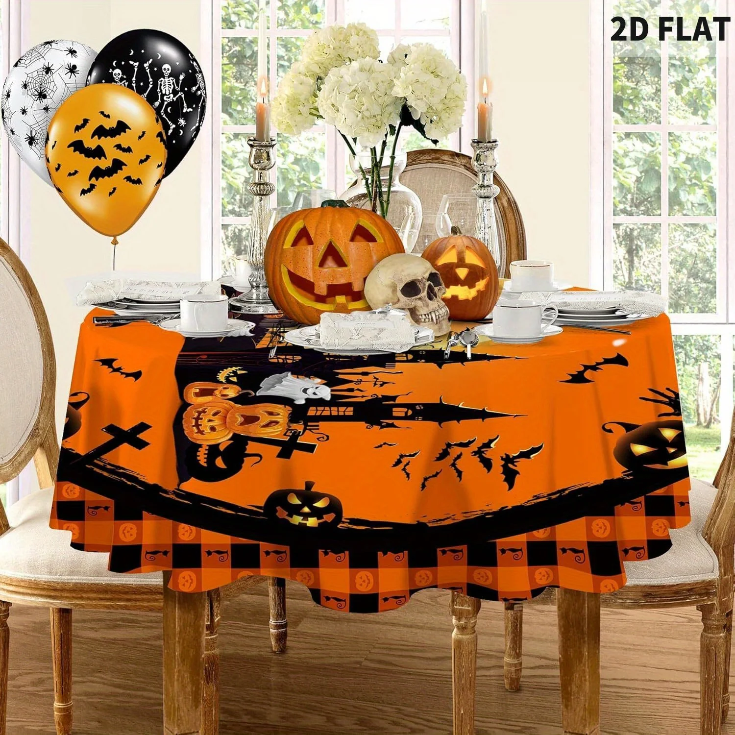 

2D FLAT 1pc Halloween Tablecloth 60inch Round Tablecovers, Halloween Table Cloth, Pumpkin Castle Ghost Polyester Tablecloths