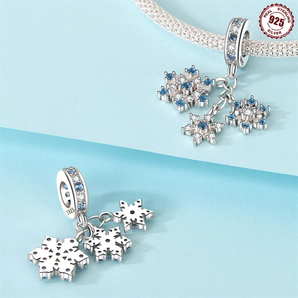 S925 Sterling Silver Triple Snowflake Dangle Charm Blue Clear Crystal Winter Blessing Bead Fit Bracelet Christmas Jewelry Gift