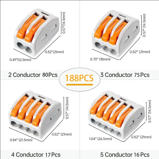 188Pcs PCT Lever Wire Connectors Kit, 2-5 Port Quick Press Cable Junction Terminals with Storage Box