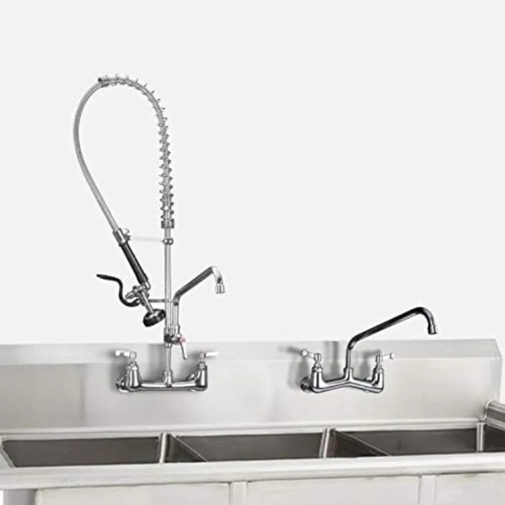 Commercial faucet, wall-mounted kitchen sink faucet with pull-down pre-rinse sprayer and swinging nozzle for cubicle sink