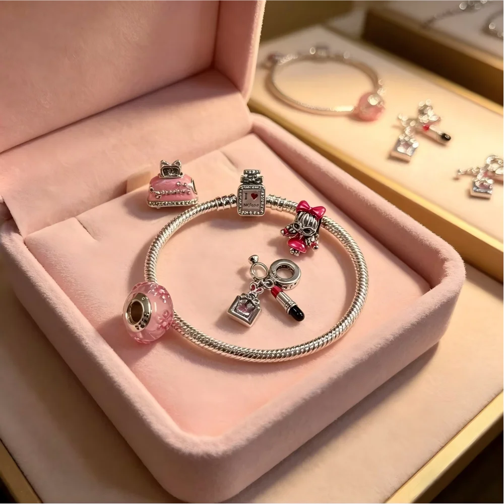 925 Silver Pink Bow Girl Cake Charms Lipstick Pendant Flower Murano Glass Beads Perfume Bracelet Making Jewelry Gifts with Box