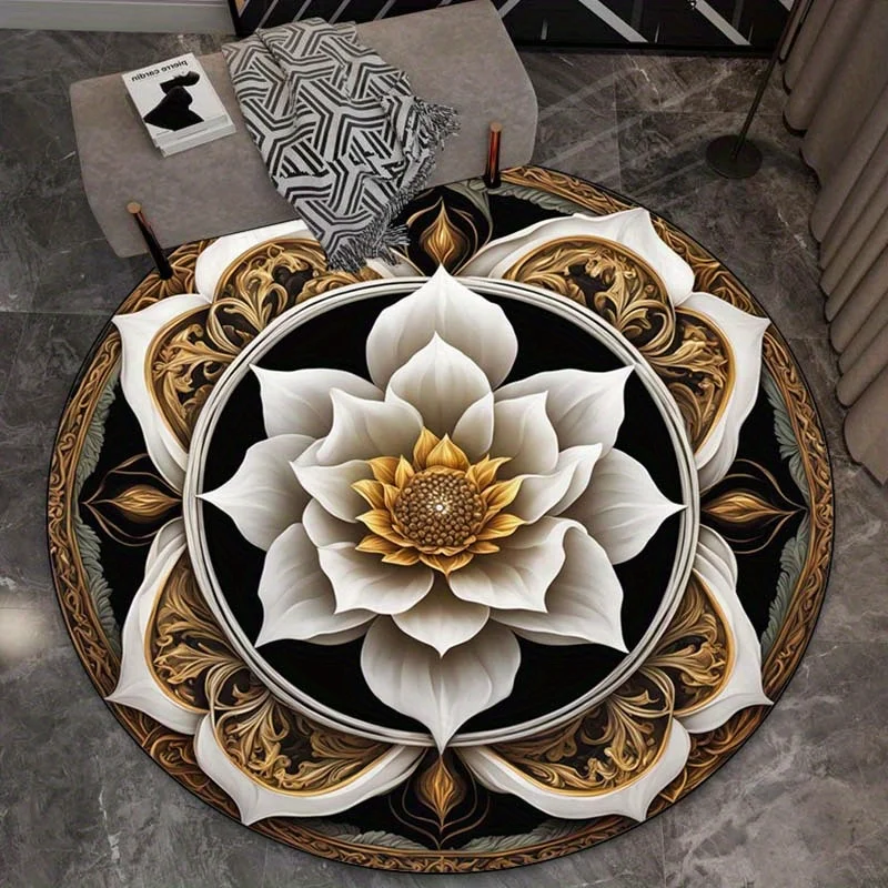 Round Crystal Velvet Rug Lotus Mandala Design Black Gold White Elegant Living Room Bedroom Floor Decor Artistic Home Decoration
