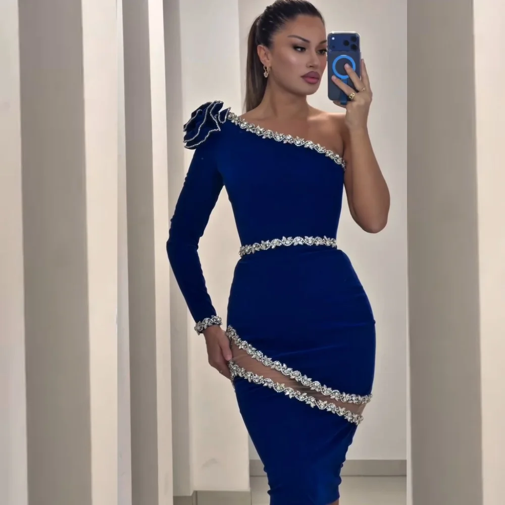 Customized Exquisite Jersey Pleat Sequined Flower Column One-shoulder Knee Length Dresses Bespoke Occasion Celebrity