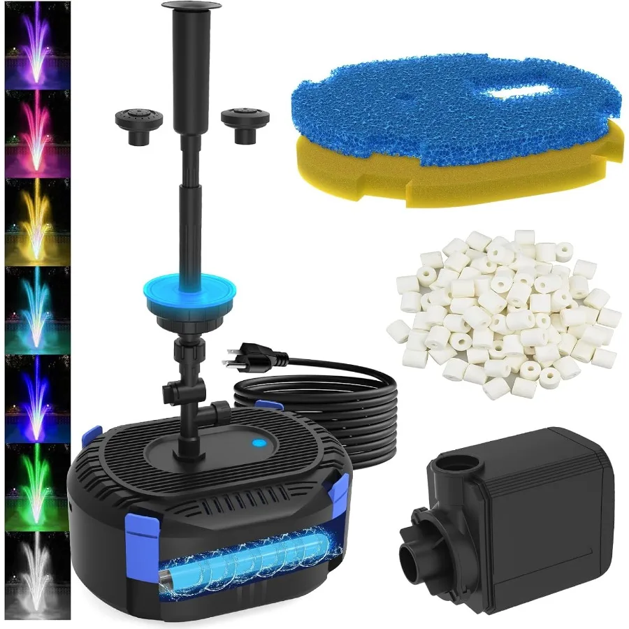 

All-in-One Outdoor Pond Fountain Kit with Automatic Colorful LED for 200-500 Gal Ponds 550GPH Koi Pond Filter Pump with U-V Lig