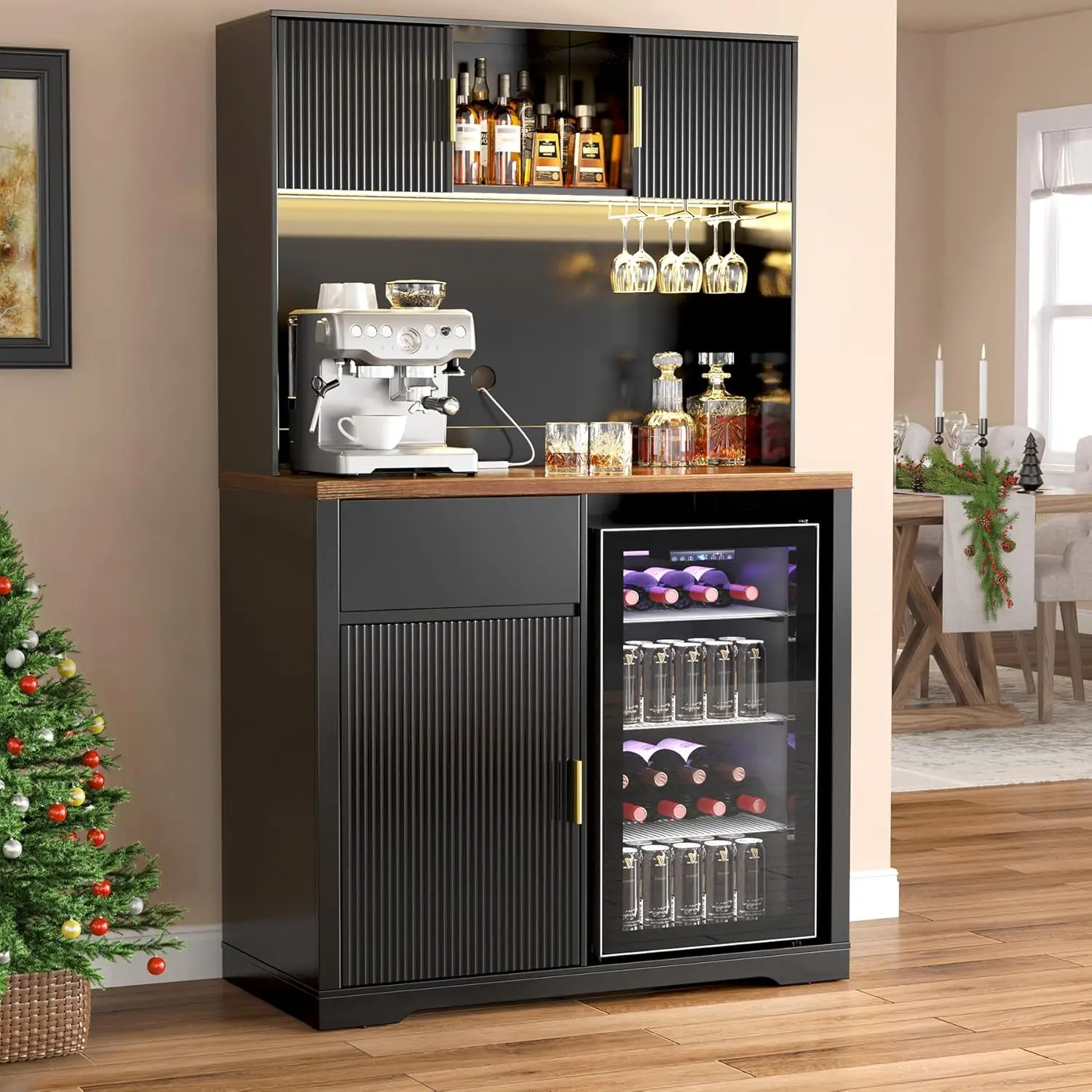 

72" Tall Bar Cabinet with Fridge Space, Fluted Coffee Liquor Hutch Cabinet with Storage, Tall Home Bar with LED, Customized