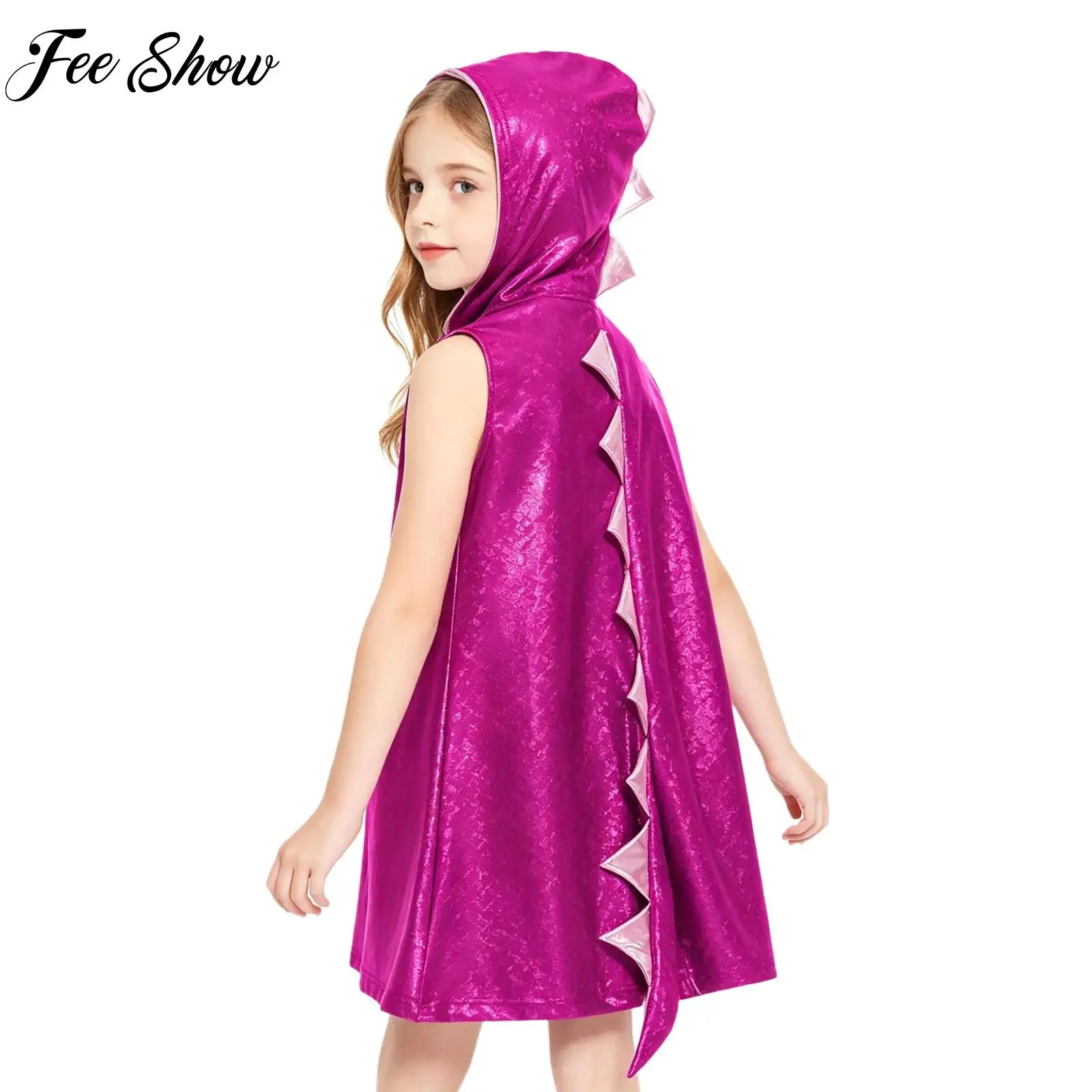 Kids Girls Halloween Metallic Dinosaur Dress Costumes Sleeveless Hooded 3D Tail Design Dress for Stage Performance Theme Party