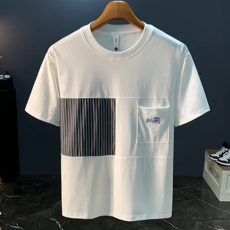 

2025 New Men's Splicing Short Sleeve T-shirt Trendy Brand American Loose Summer Breathable Comfortable Striped Clothing