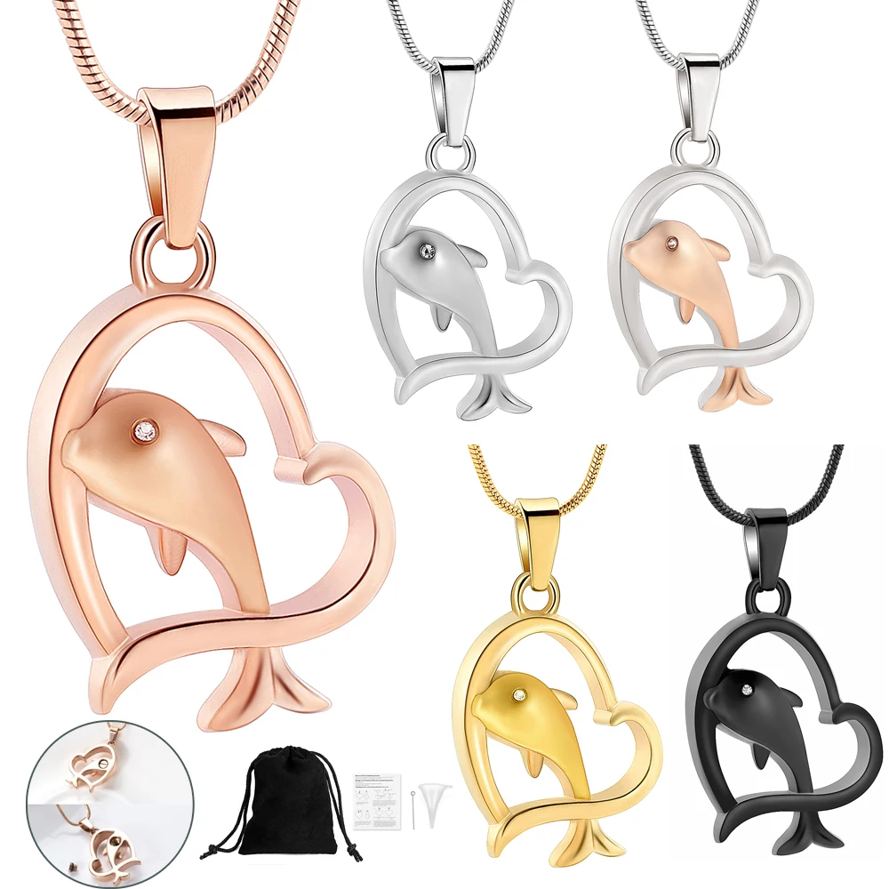 

Cremation Jewelry Urns for Pet/Human Ashes keepsake Urn necklace Dolphin in Heart Pendant Stainless Steel Woman Memorial