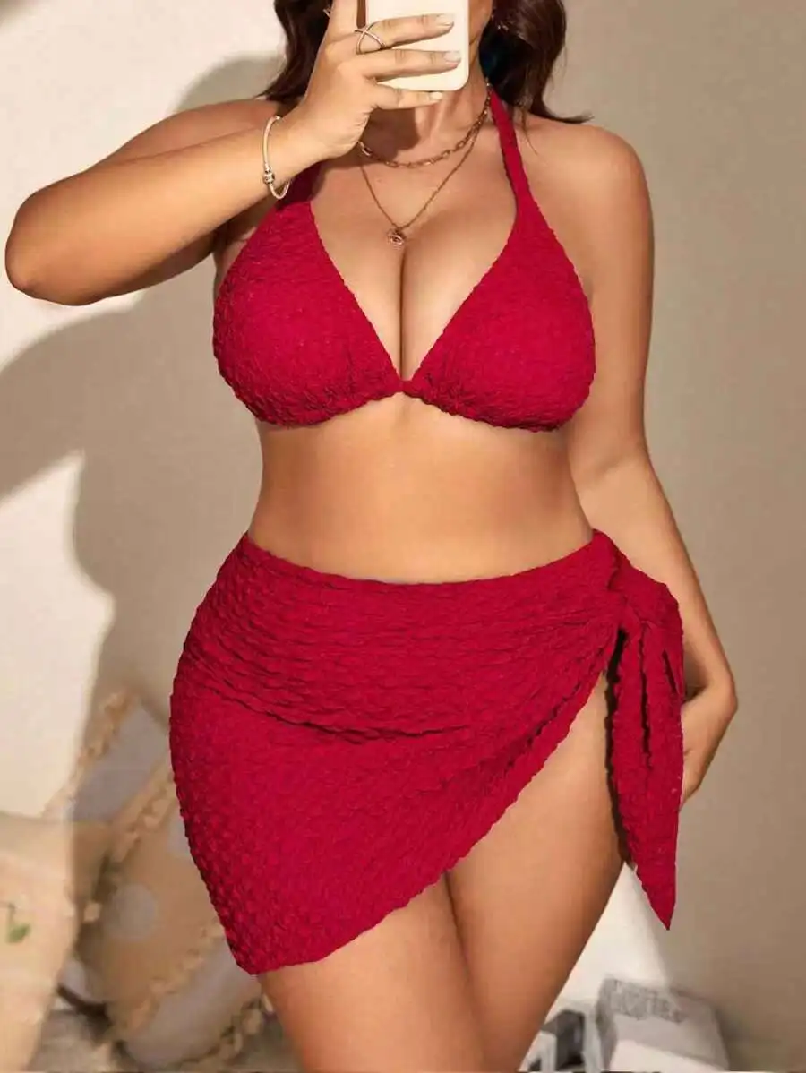 

Red Plus Size Women 3 Piece Swimwear Set For Beach Vacation Summer