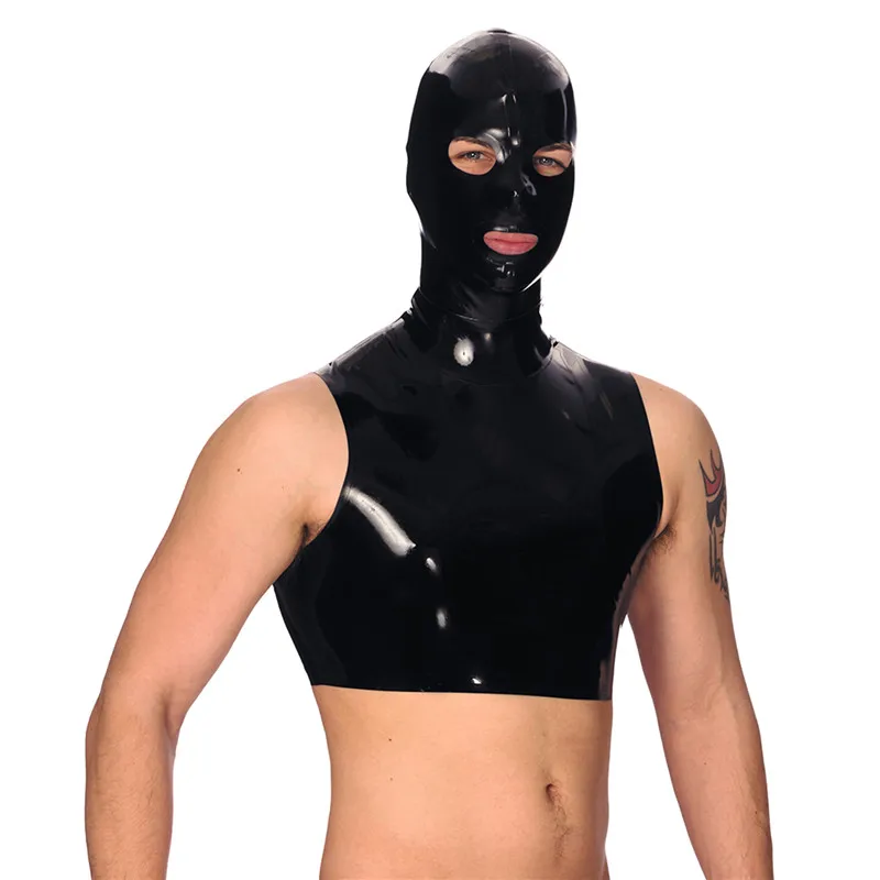 

Handmade Men Black Latex Tops Hoodie Sleeveless Vest with Hoods Mask Open Eyes Mouth Back Zipper Customize Size Fetish Uniform