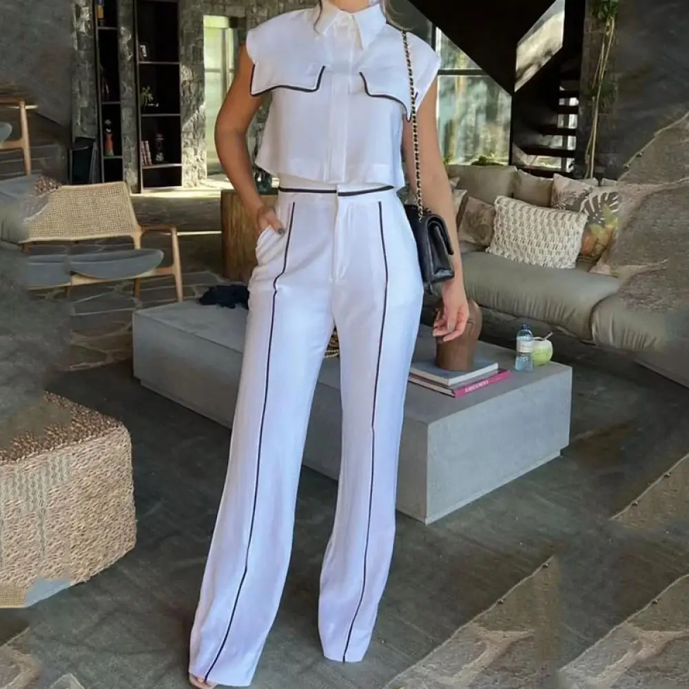 

Summer Casual Top Two Piece Set Solid Color Trend Sleeveless Tops Casual Elegant High Waist Pants Women's Commuting Sets