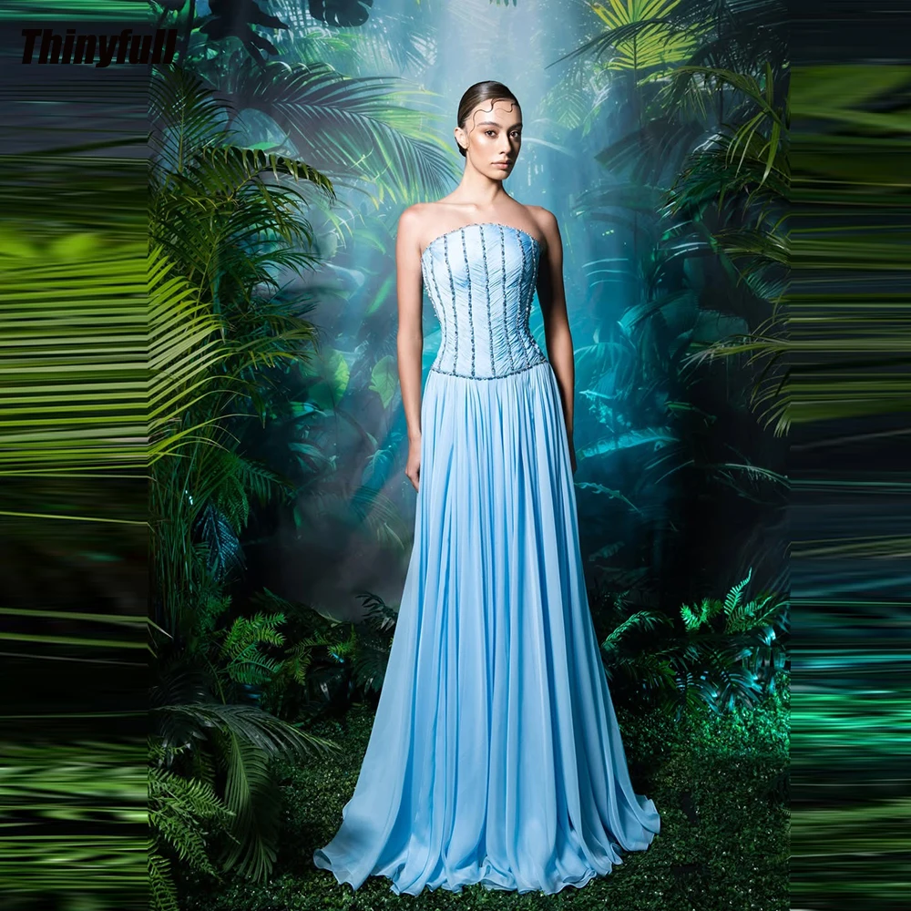 Thinyfull A-line Sleeveless Prom Dresses Strapless Crystals Chiffon Evening Dress Long Party Gown Robe De Soirée Customized