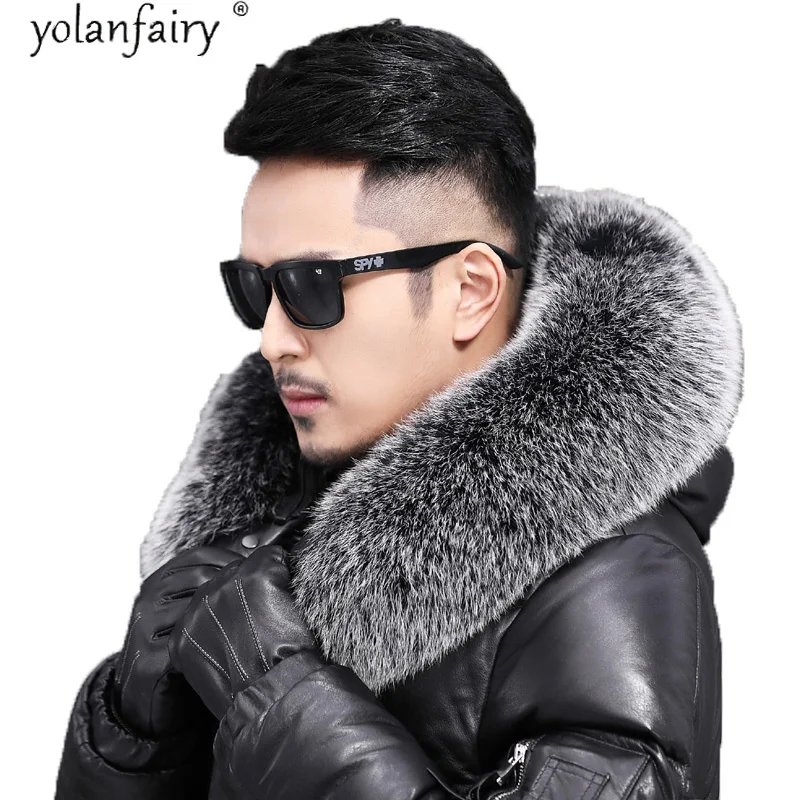 Jackets Men's Down Winter Long Leather Jacket for Men Natural Fur Genuine Cowhide Male Coat Veste Homme