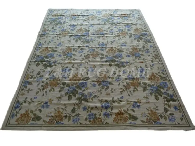 

Free shipping 9'x12' handmade woolen rug, needlepoint woolen carpet, 100% New Zealand Wool with golden blue florals high quality