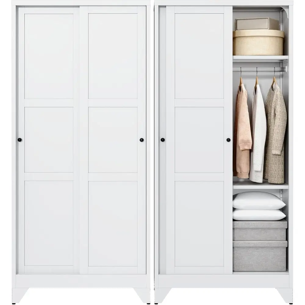 20 Deep Sliding Door Armoire Wardrobe with Hanging Rod and Shelves - White