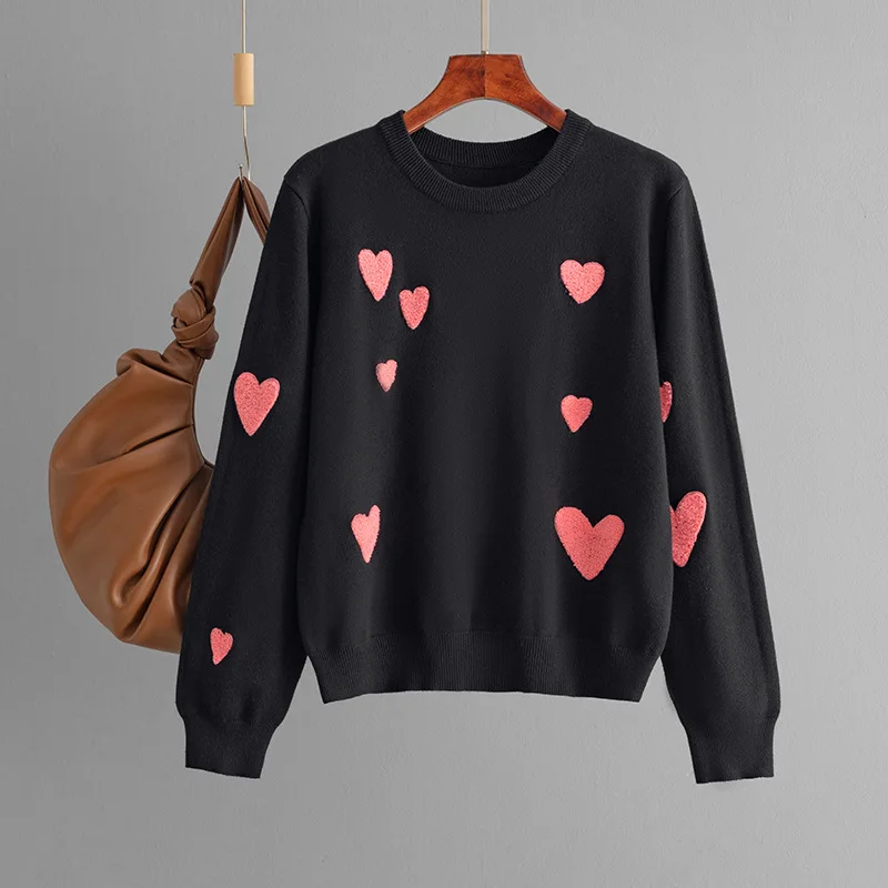 

2025 Autumn Winter Heart Flocked Embroidery Crew Neck Long Sleeve Knitted Sweater Pullover Base Shirt Top Women