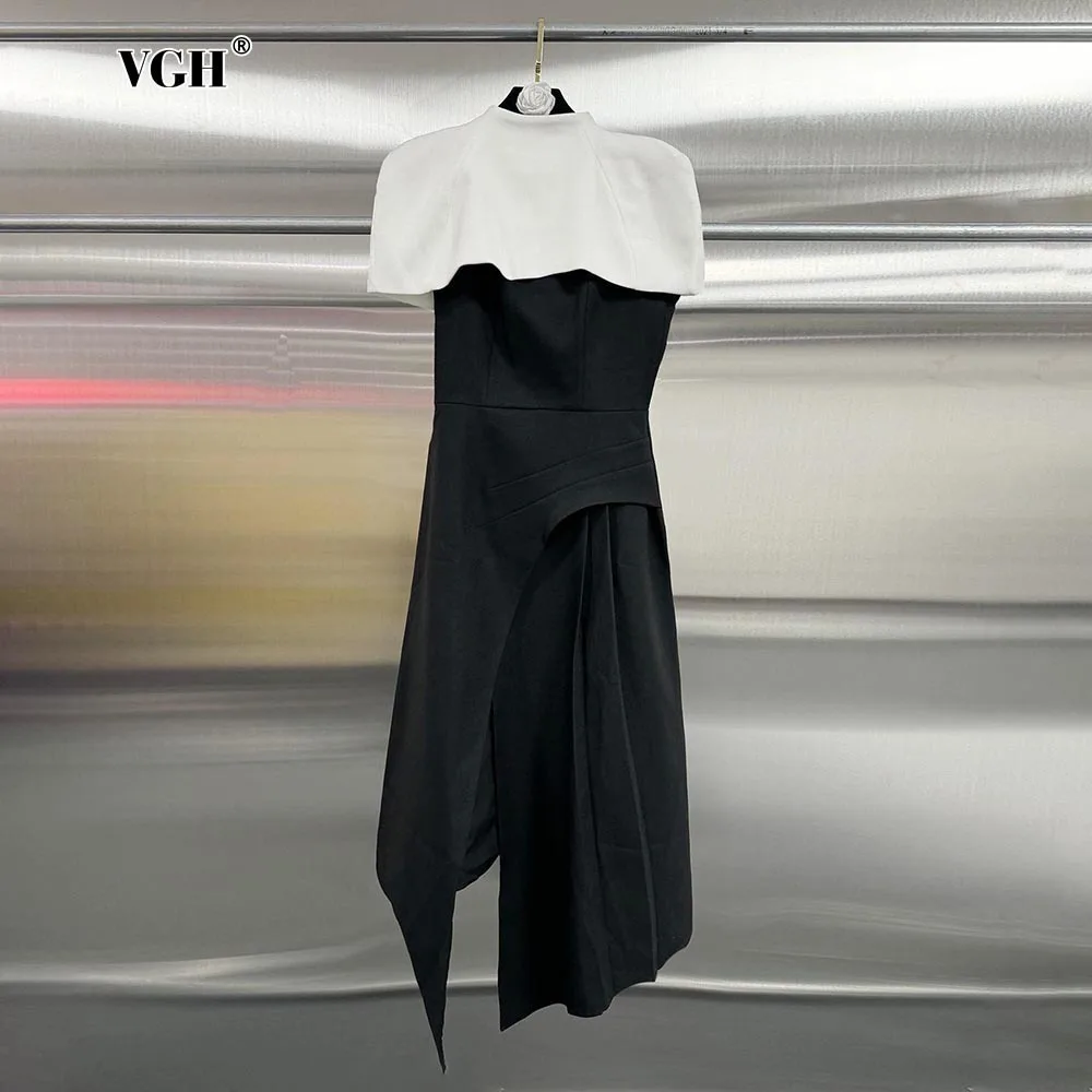 

VGH Colorblack Slimming Elegant Long Dress Women Square Collar Sleeveless High Waist Pleated Evening Dresses Female Style New