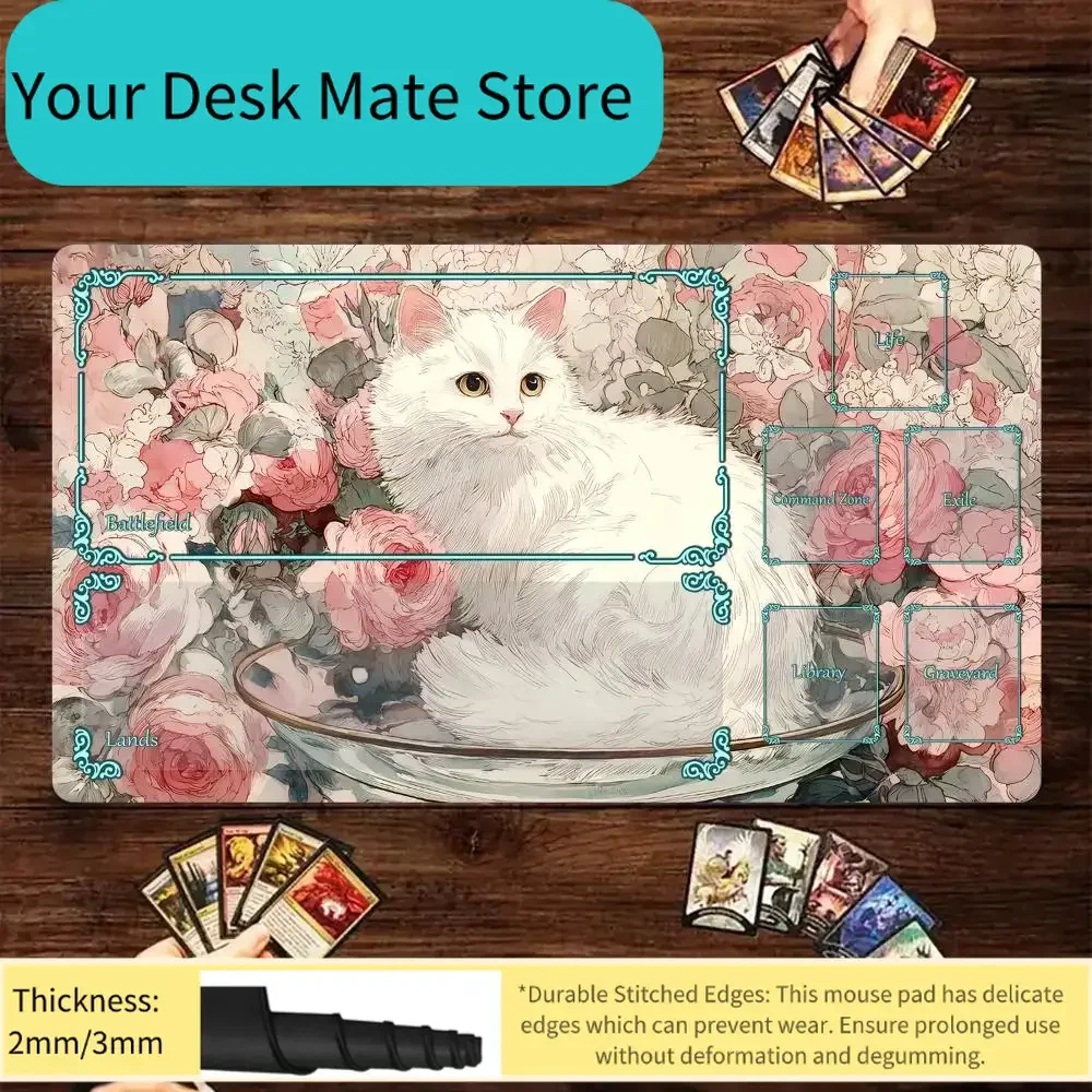 Magic Card Playmat with Zone White Cat and Rose Theme MTG Playmat Gathering Gaming Mats Desk Mat Commander Battle Playmat