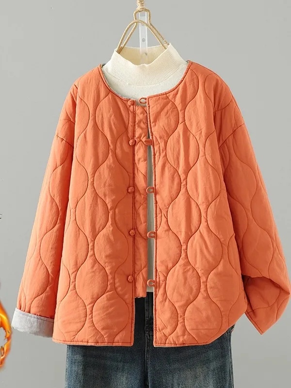 Nowy chiński płaszcz zimowy damski z bawełny i lnu, z artystycznym nadrukiem, zapinany na guziki, ciepły, luźny, uniwersalny, dwustronny...