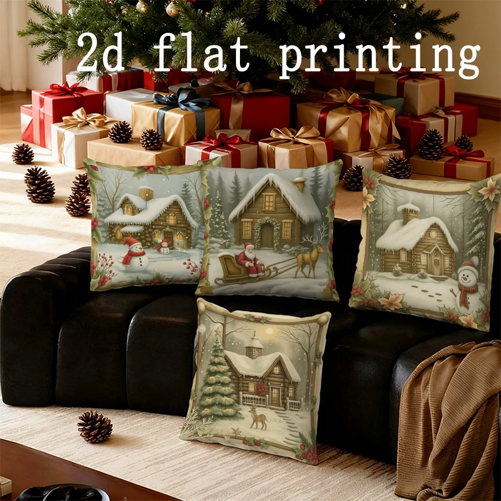 Home Decor Christmas Cottage Scenes Decorative Pillow Covers Pattern Cushion Cover Suitable for Sofa Bedroom Car Pillow Cover