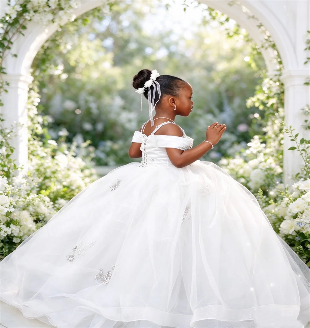 White Kids First Christmas Dress Fluffy Off-Shoulder Wedding Flower Girl Crystal Party Birthday Outfit for Girls