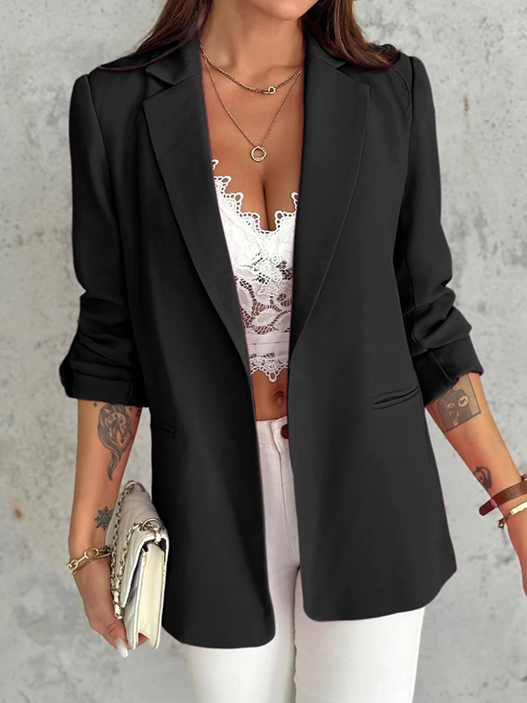 Notched Collar Roll Up Sleeve Blazer Coat