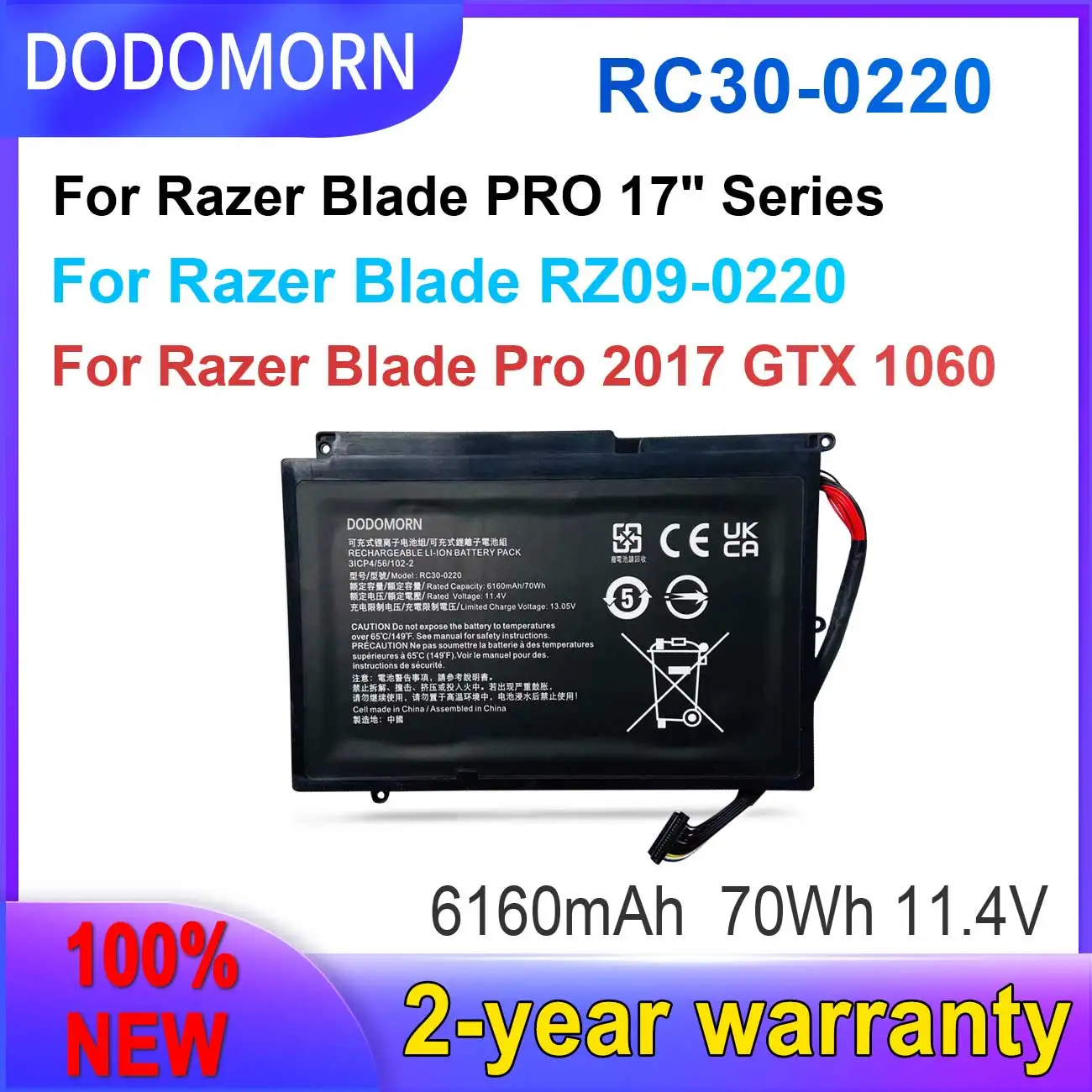 

DODOMORN New RC30-0220 Battery For Razer Blade Pro 17 GTX 1060 RTX 2060 RTX 2070 RTX 2080 RZ09-02202E75-R3U1 Fast delivery