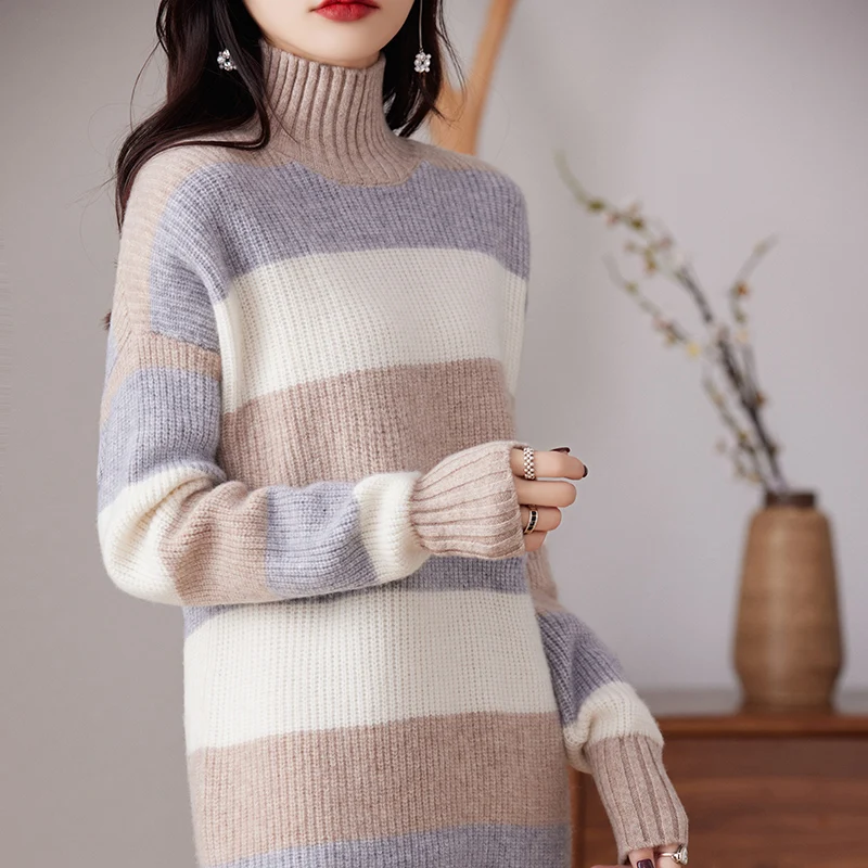 BELIARST Autumn/Winter 2023 New Women\'s Clothes 100% Merino Wool Sweater Knitted Pullover High Neck Dress Color Matching M-8159