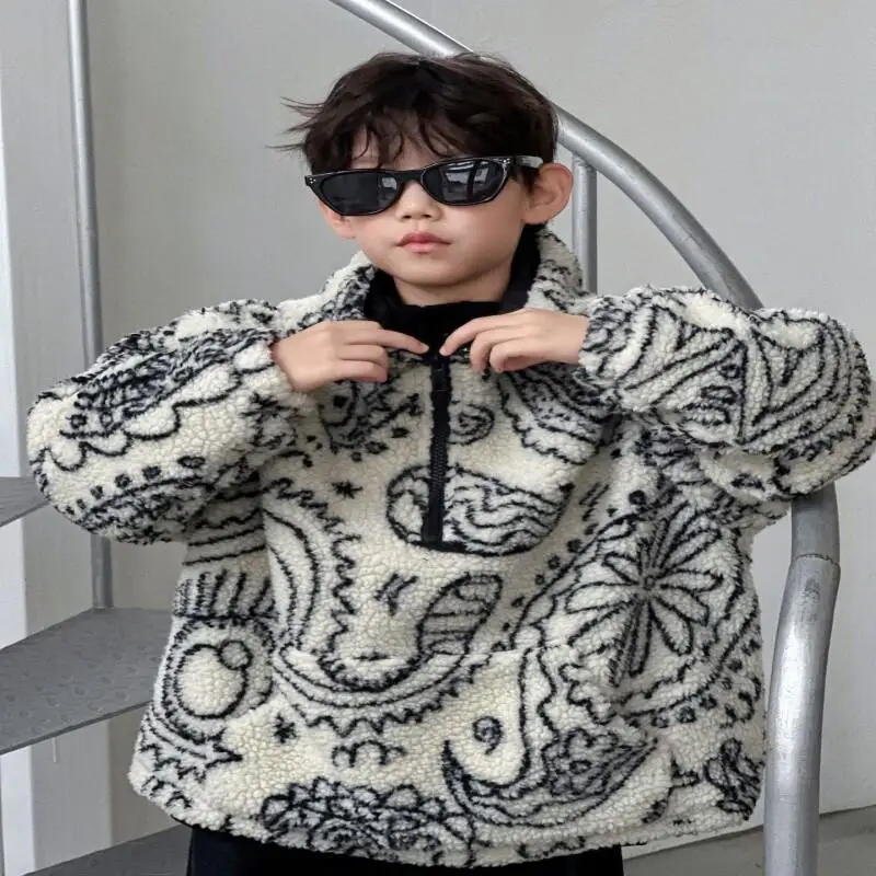 

Корейская версия из овечьей шерсти для мальчиков, утепленная толстовка с капюшоном, новый стиль, студенческая мода, свободные осенние и зимние теплые топы, детская одежда