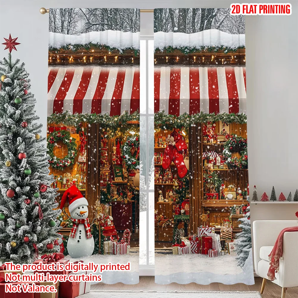 

2pcs 2D flat printing Merry Christmas Curtain Santa Claus Toy Store Machine Washable Fabric Without Electricity Versatile