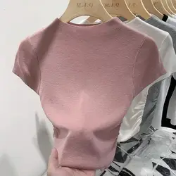 Camiseta de punto de seda de hielo para mujer, Top corto de manga corta con cintura ceñida, Color sólido, puro deseo