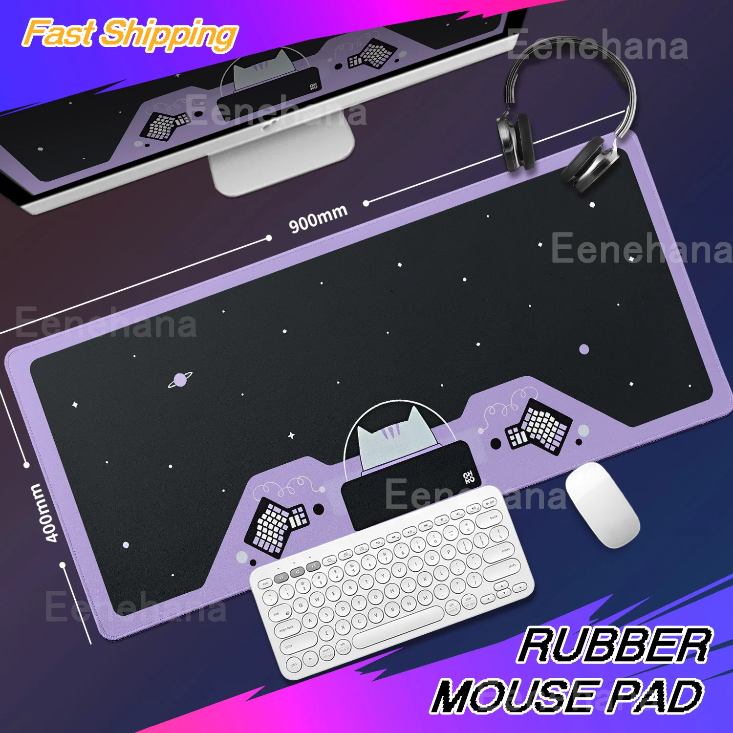 Kawaii Space Astronaut White Cat Large Gaming Mouse Pad Non Slip Purple New Keyboard Mat XXL Laptop Desk Expansion Pad Cute Gift