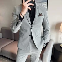 (Jacket + Pants) High End Brand Boutique Solid Color Mens Casual Business Office Suit Groom Wedding Dress Party Blazer Trousers 5