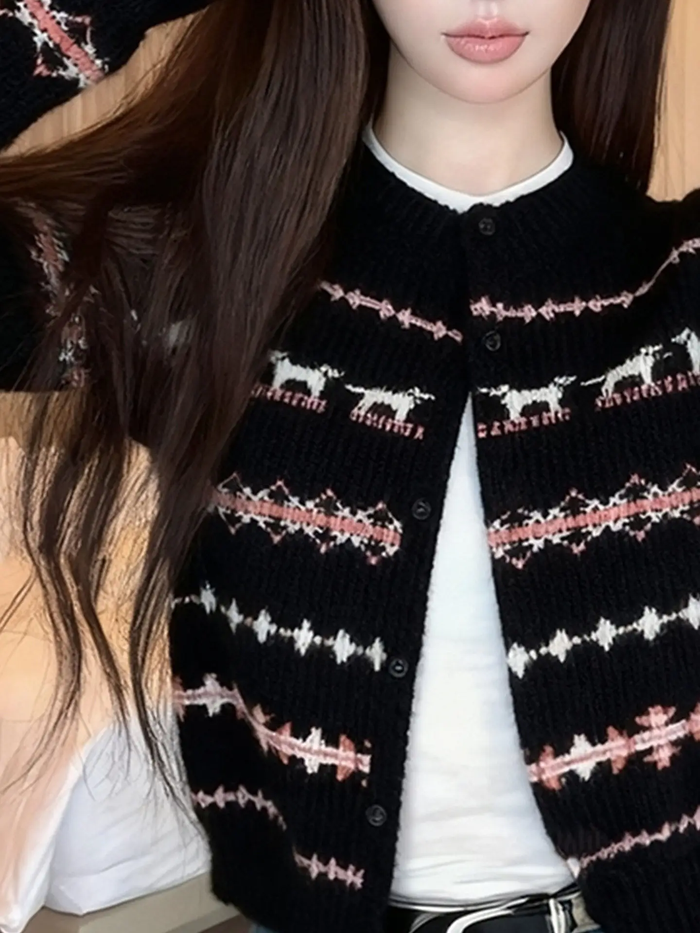 Sweet Spicy Short Fair Isle Knitted Cardigan Sweater Women's Slim Fit Autumn Winter Unique Beautiful Korean Style Long Sleeve