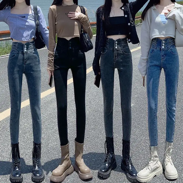 

Облегающие джинсы с высокой талией, женские весенние 2023, эластичные брюки-карандаш, длинные брюки, хлопковые эластичные джинсовые брюки светлого цвета