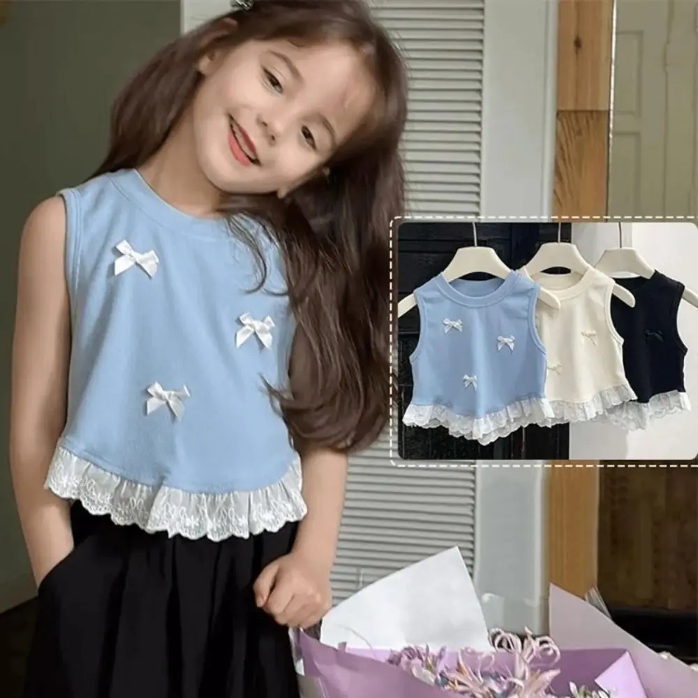 Trendy Comfortable Girls' Bow Vest Shirt Lace Brimmed Soft Sleeveless Top Casual Clothing Moisture wicking T-Shirts Summer