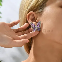 Elegant Luxury Butterfly Design Earrings Women Korean Fashion Colorful Crystal Ear Piercing Studs Cute Fairy Temperament Jewelry