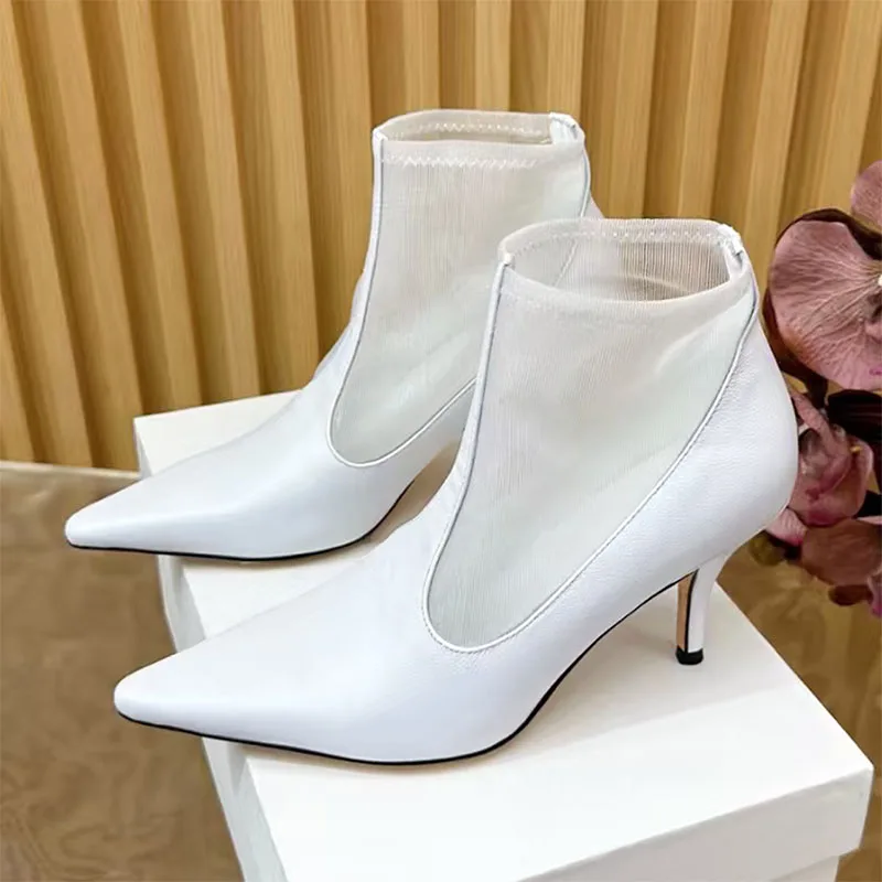 

Sexy High Heels Ankle Boots For Women Pointed Toe Runway Shoes Woman Genuine Leather Mesh Patchwork Heeled Short Boots Woman