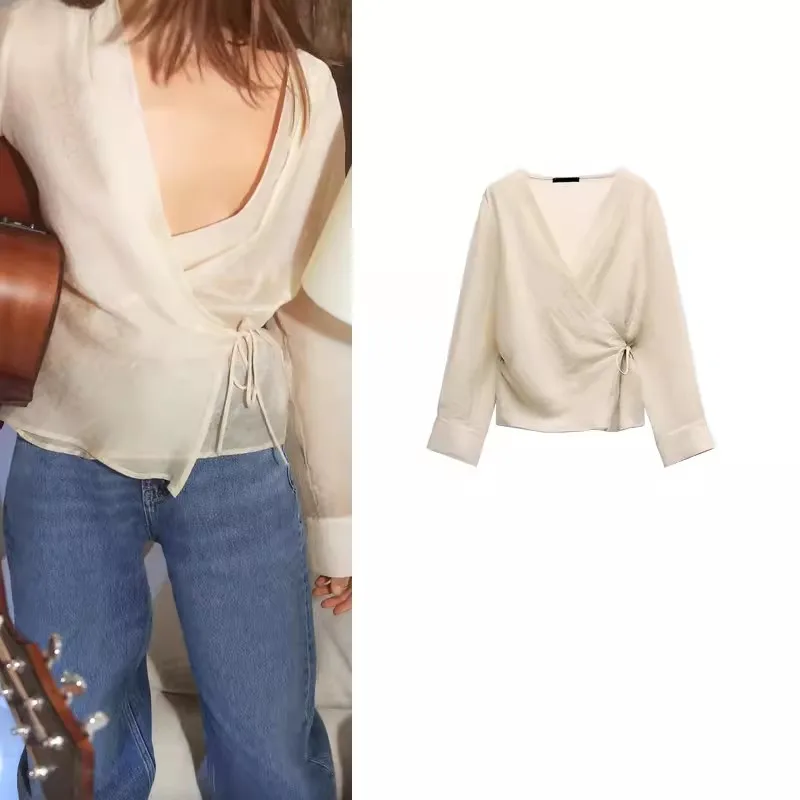 

Cotton Linen Bow Tied Casual Shirts For Women Fashion Long Sleeve V Neck Loose Blouse 2024 Summer New Female Vocation Street Top