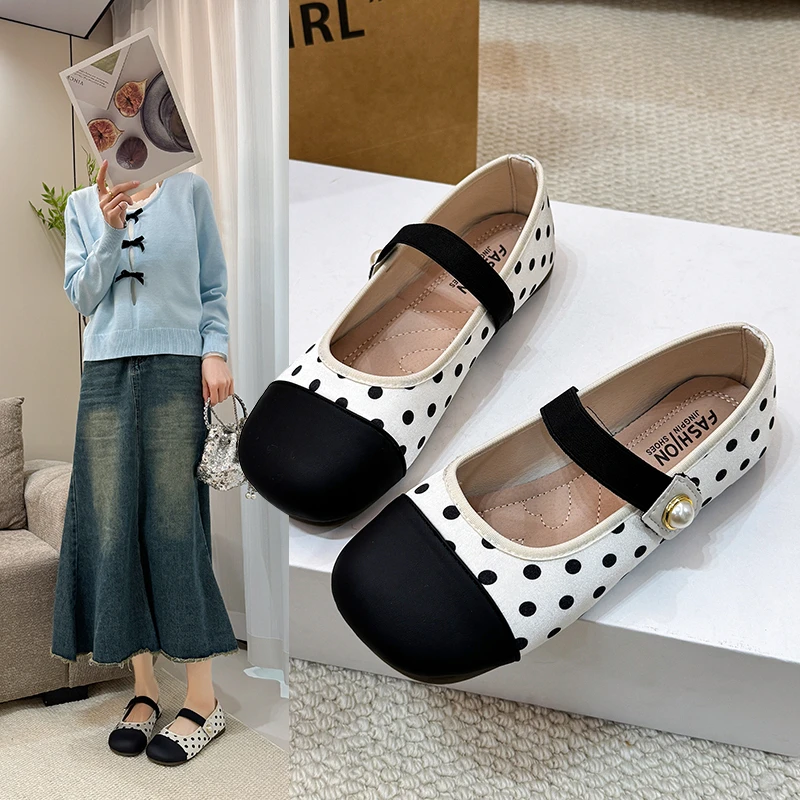 Casual Polka Dot Mary Jane Flats for Women, 2 Colors Available, Elastic Band Comfortable Slip-on Shoes for Dress & Jeans