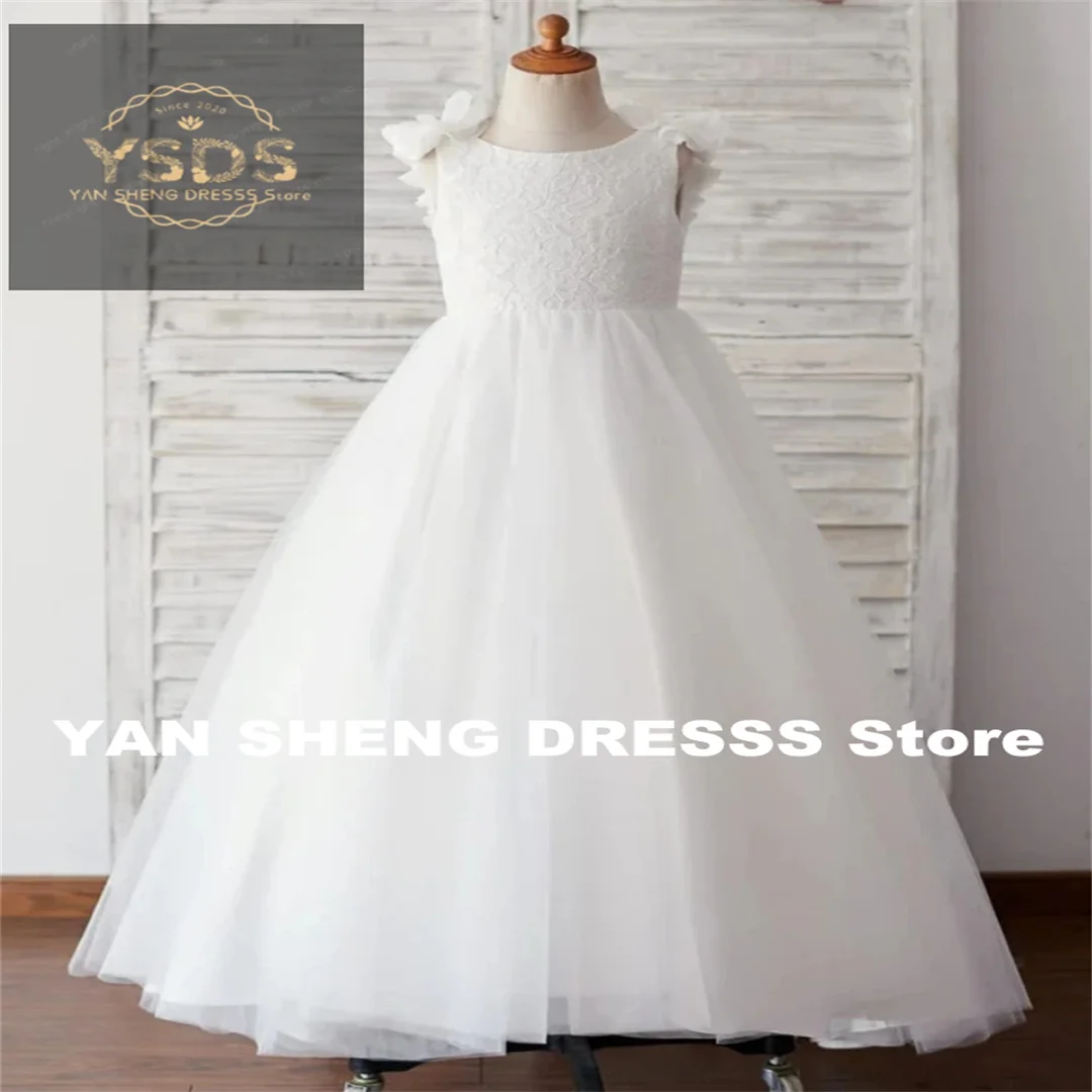 فستان فتاة الزهور مخصص لحفلات الزفاف من التل الأبيض بدون أكمام منتفخ ثلاثي الأبعاد مزين باللؤلؤ وحفلات أعياد الميلاد والمناولة الأولى