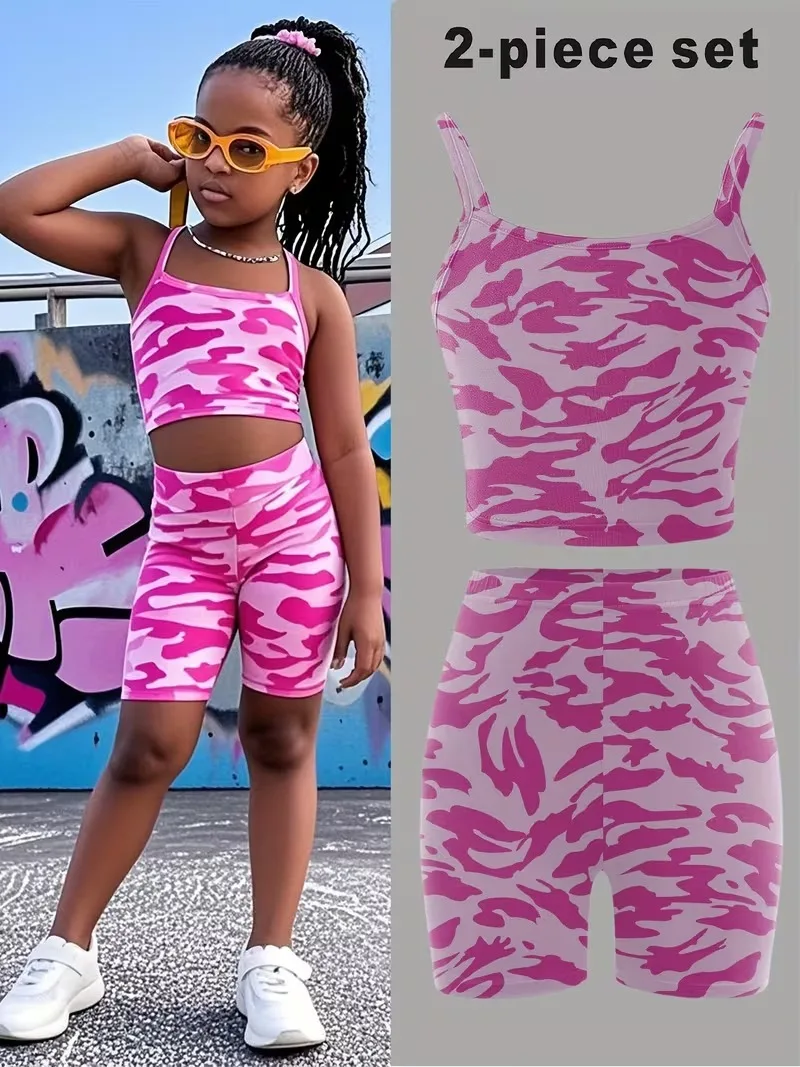 Pink Camo Girls 2 Piece Shorts Set Spaghetti Strap Crop Top & Bike Leggings Cute Casual Outfit