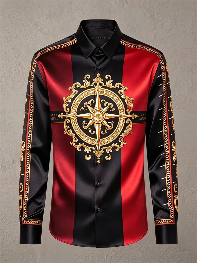 New Men's Shirt Red Black Satin Gold Compass Baroque Curly Grass Pattern Badge Printed Black Collar Slimming Shirt