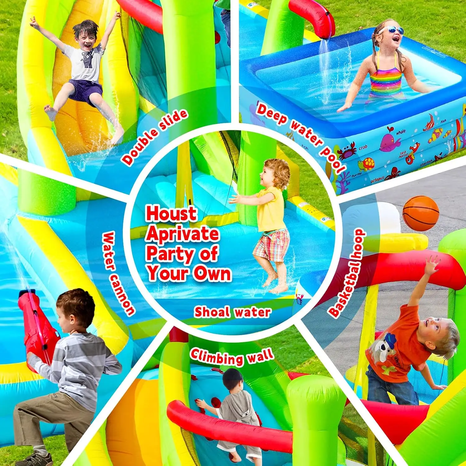 Inflatable Water Slide, 8 in 1 Bounce House with Double Long Slides, Jumping Castle for 4 Kids Ages 3-10, 520W Blower Waterslide view 5